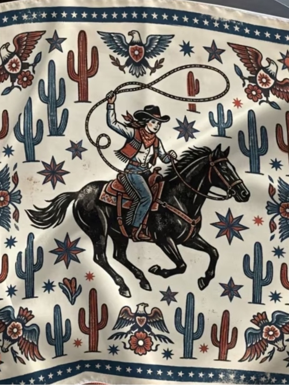 Cowgirl Horse with Lasso Bandana Scarf in Cream, Navy & Rust